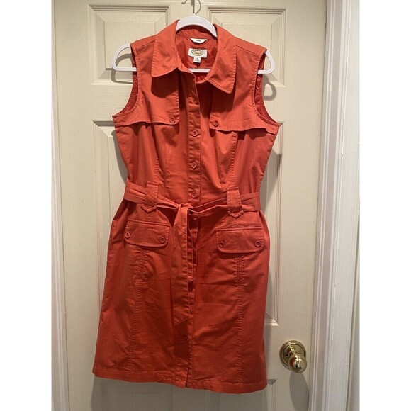 Talbots Dresses & Skirts - Talbots Cotton Dress Button Front Sleeveless Size 10 Belted Stretch Orange